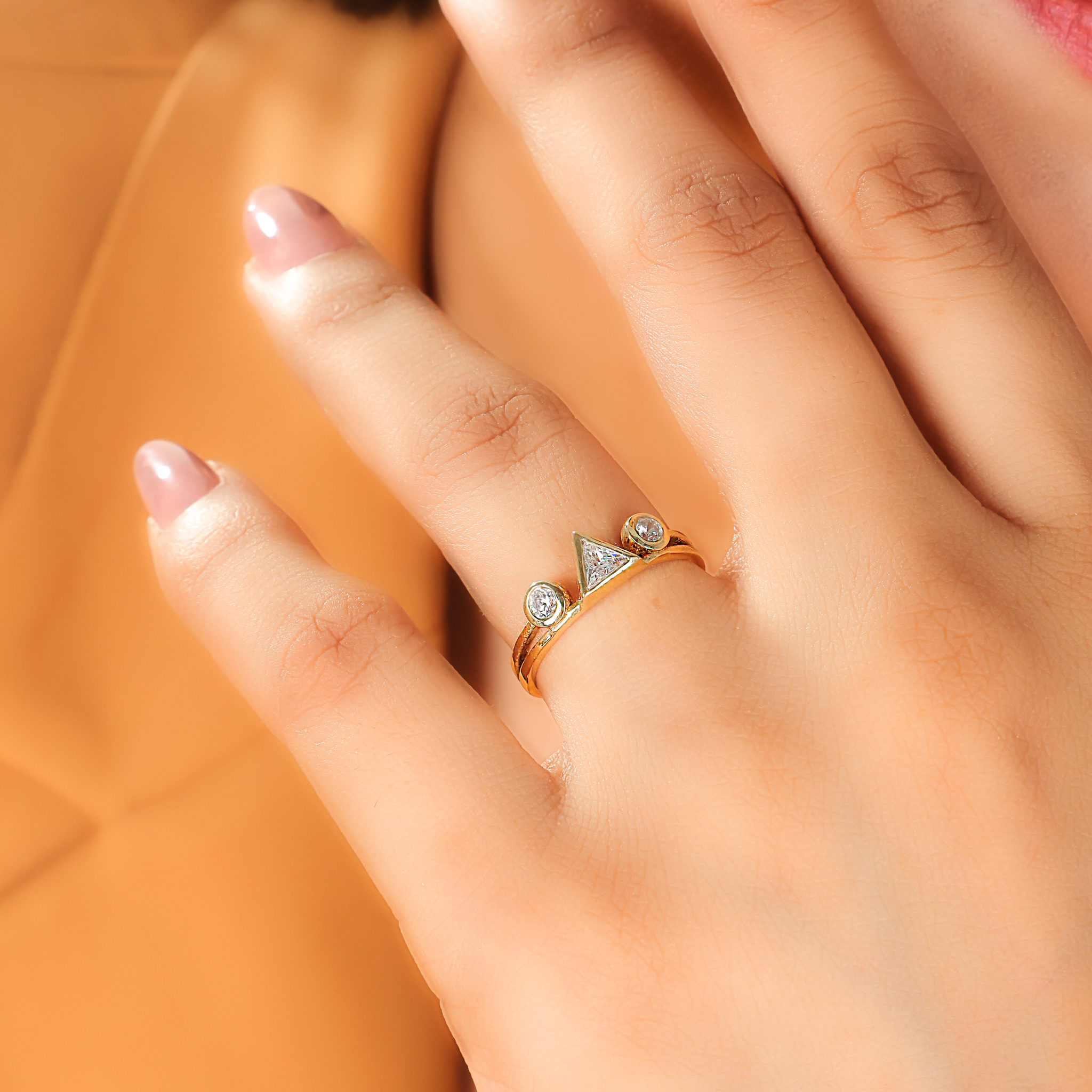 Three Stone Statement Ring, Hallmarked 925 Sterling Silver Yellow Gold